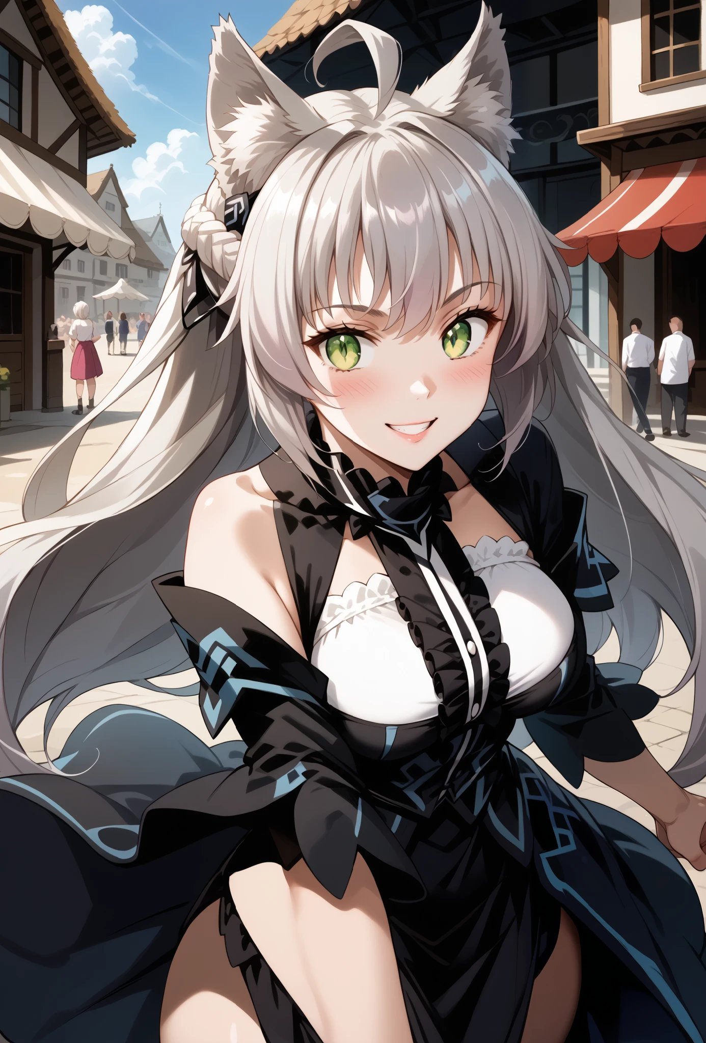 score_9, score_8_up, score_7_up, source_anime, 4K,perfect fingers,(perfect hands, perfect anatomy),prefect lighting, very aesthetic, intricate details,highly detailed background, masterpiece, high quality, best quality,
1girl,((solo)) ,atalanta, green eyes, slit pupils, grey hair, long hair, ahoge, animal ears, cat ears, , Large breasts,,
wearing ((casual dress,frills,ornate clothing, )),,
detailed background, Outdoors, sunlight, 2 scenes, Comic Page, Public Exposure、Spectacle, Onlookers、bald middle-aged fat man, forced exposure, Man pulls up his bra(1.4)、 disgusting face, blush,action pose,playful smile,from behind,