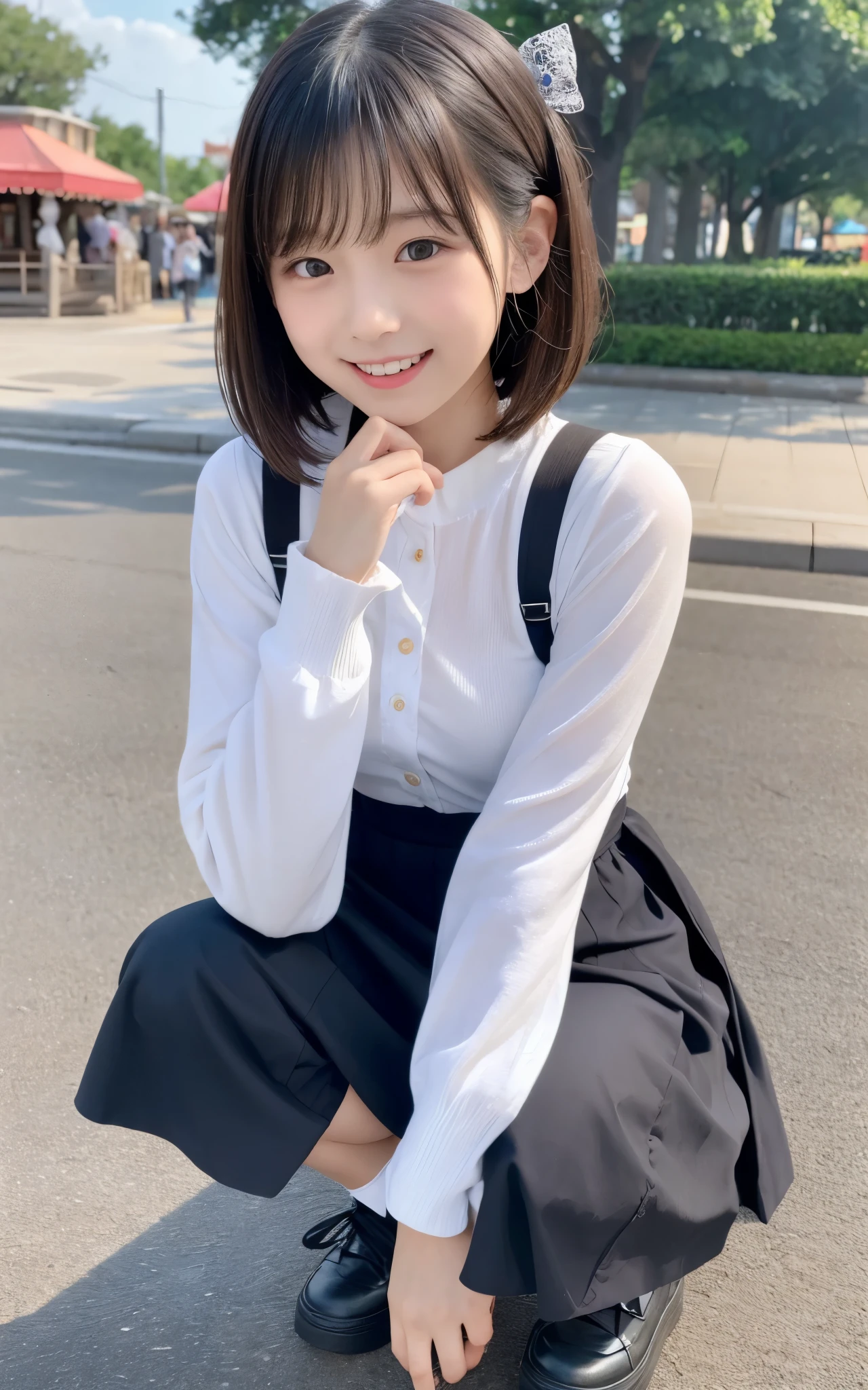 ((top quality)), ((masterpiece)), Realistic im ages 、Other than the front、Very bright expression、 big smile、Japanese girl alone 、 realistic im age of the eye area 、is small、 look like 、、Fourth grade elementary school student、、petite、 elementary school student、Medium bob hair 、 medium hair、black hair、 slim、 body 、 very thin body、Hide your chest、、、 body 、 slim、 slimming、、 、real face、is small、ta fashion clothes with long sleeves、 's body、、thin body、Amusement park background、Photograph from below、seen from below、Went from below image、crouch、crouch、viewed from below、squatting、crotch is open、 panties pee stains on 、smiling with open mouth、sticks out his tongue、skirt flip、Image from below、panties