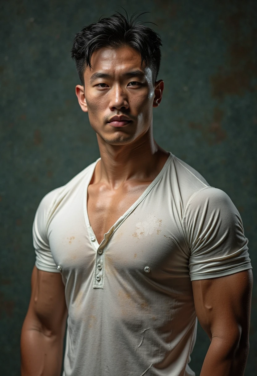Handsome young man (Korea) farmer, muddy, dirty, wet, Obscene set, Provocative image, perfect face, short white hair, Tall and strong, 8k quality, Ridiculous details and texture qualities,