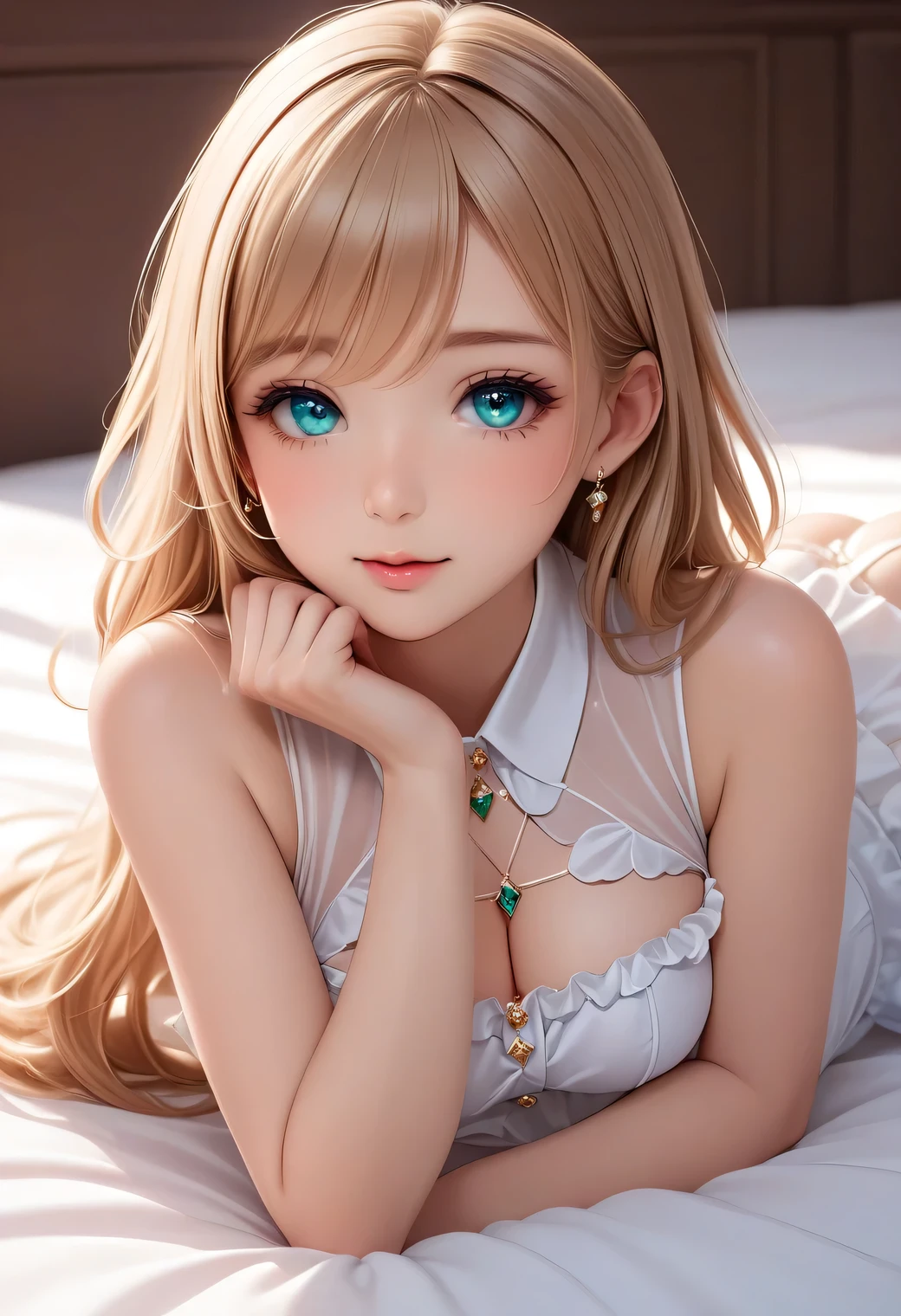 (1girl), medium breast, white, long hair, blonde hair, blue eyes, dress