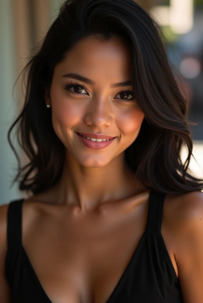 Photography of a cute bhutanese woman with long black hair, wearing a tight dress Top, capturing her charm and charisma. The image features soft, natural lighting and focuses on her genuine smile, huge boobs