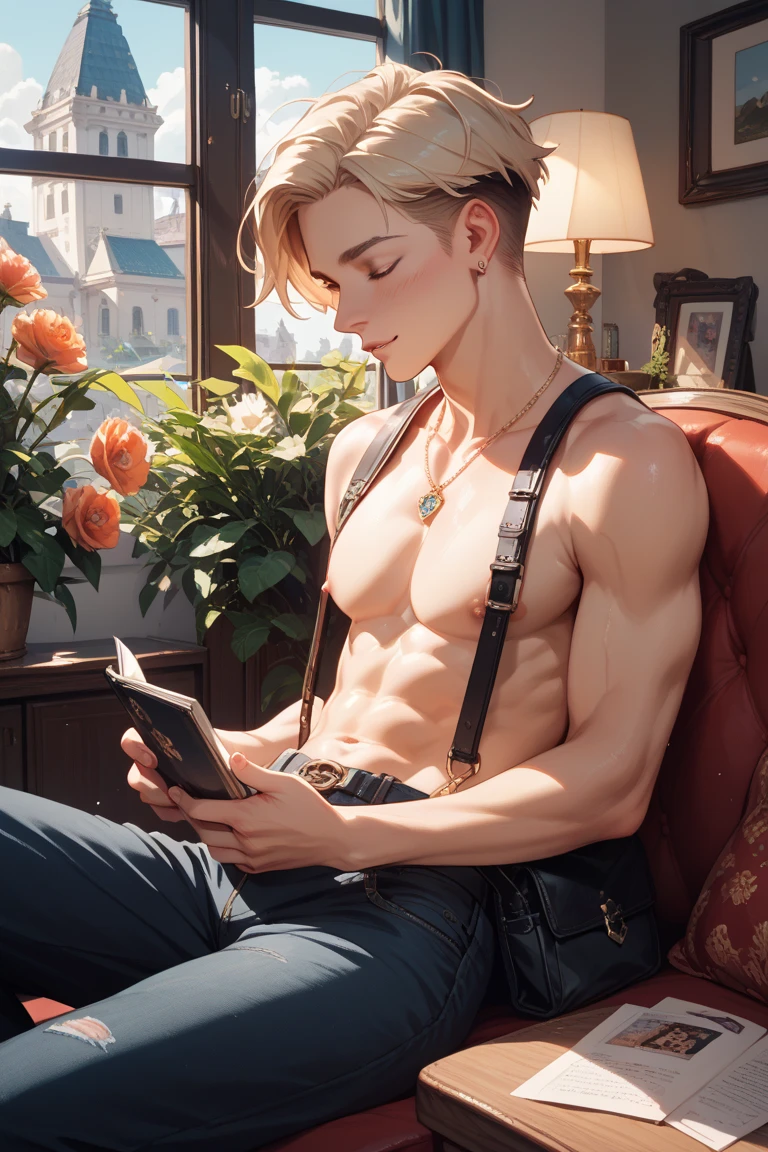 Best image quality, 4k, masterpiece, age male, white and tender skin, blonde floppy short hair, blue eyes, green and slightly mature, cute and soft, young, godly eyes, exquisite hair, look at the lens, face focus, smile, delicate facial features, front lighting, front light source, portraiture, face magnification, face close-up, above the shoulder, cute feeling, excellent posture to capture the sight, portrait painting effect, blue sky and white clouds, roses