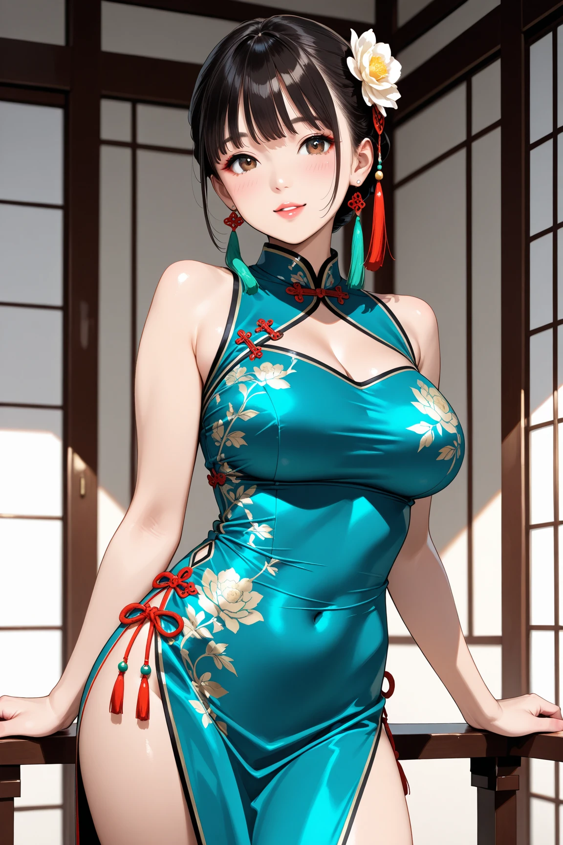High resolution, adult woman , good lighting, despicable, , (No nudity), (((shiny cheongsam))),(garter belt),cute face, , humiliating, (()),