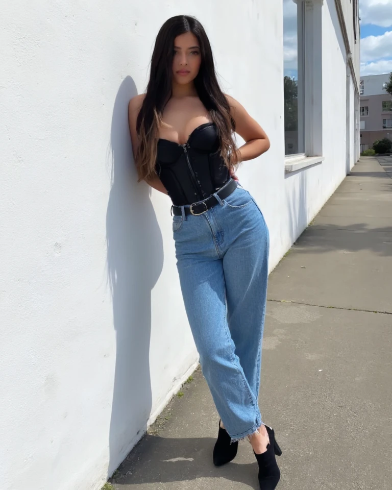 araffe woman standing against a wall with a deep cleavage, exposed and jeans, wearing cargo pants, full body picture, outfit photo, baggy jeans, y2k style, y 2 k style, she is wearing streetwear, ootd, casual clothes, wearing a baggy, full body length, baggy pants, cargo pants, waist high, full body full height, exposed, breasts.