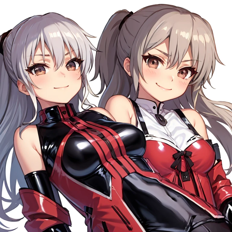 whole body,Standing posture, (Gray Hair,Twin tails,) (One Girl,Super big breasts,,Symphogia style,Red eyes), (Young face:1.2) (High leg leotard,Symphogear Suit,Black and red outfit,) Brave expression,(White background)