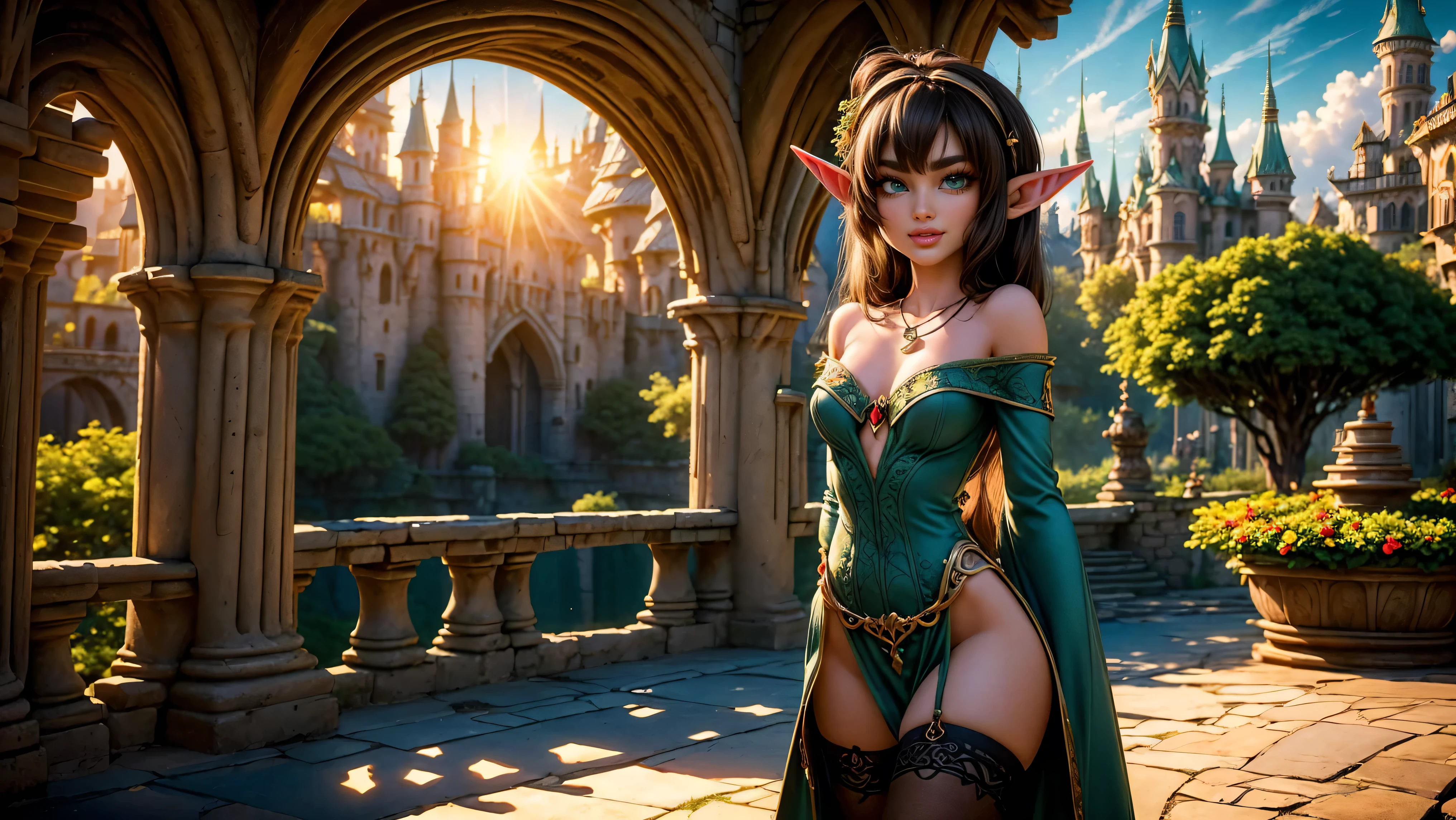 ((1girl)), ((solo)), ((young woodland warrior elf girl)), ((walking through an elf village)), ((male elves turning to look at her)), ((elf girl focus)), ((long dark hair)), ((smiling)), ((short ears)), ((round breasts)), thigh-highs, formfitting eleven clothes, tight clothes,  ((looking at viewer)), ((green eyes)), ((beautiful day)), Perfect body, beautiful, young, tempting, alluring, jewelry, necklace, off shoulder, ((skinny)), ((petite)), ((small)), flirting with camera, Best Looks, ((fantasy castle in the background)), beams of sunlight, fantasy