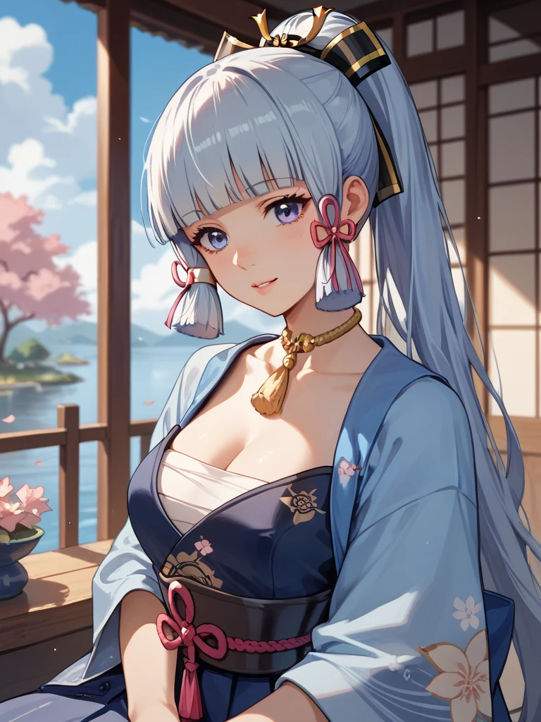PersonalAmi, 1girl, kamisato_ayaka, solo, hand_fan, blue_eyes, blush, long_hair, breasts, ponytail, armor, holding_fan, bangs, holding, half-closed_eyes, bridal_gauntlets, breastplate, hair_ornament, upper_body, blue_hair, ribbon, hair_ribbon, blunt_bangs, folding_fan, medium_breasts, closed_mouth, cleavage, vambraces, sidelocks, simple_background, white_background, gloves