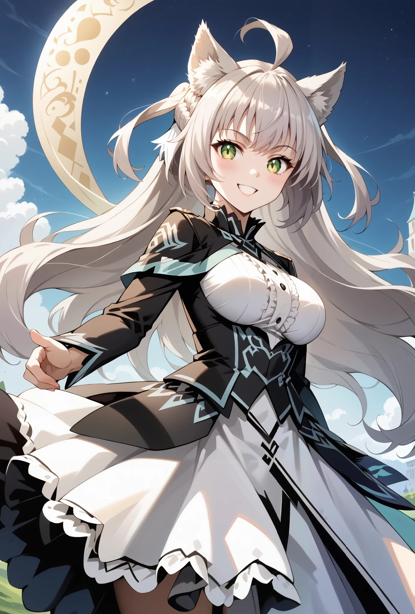 score_9, score_8_up, score_7_up, source_anime, 4K,perfect fingers,(perfect hands, perfect anatomy),prefect lighting, very aesthetic, intricate details,highly detailed background, masterpiece, high quality, best quality,
1girl,((solo)) ,atalanta, green eyes, slit pupils, grey hair, long hair, ahoge, animal ears, cat ears, , Large breasts,,
wearing ((casual dress,frills,ornate clothing, )),,
action pose,playful smile,from behind,