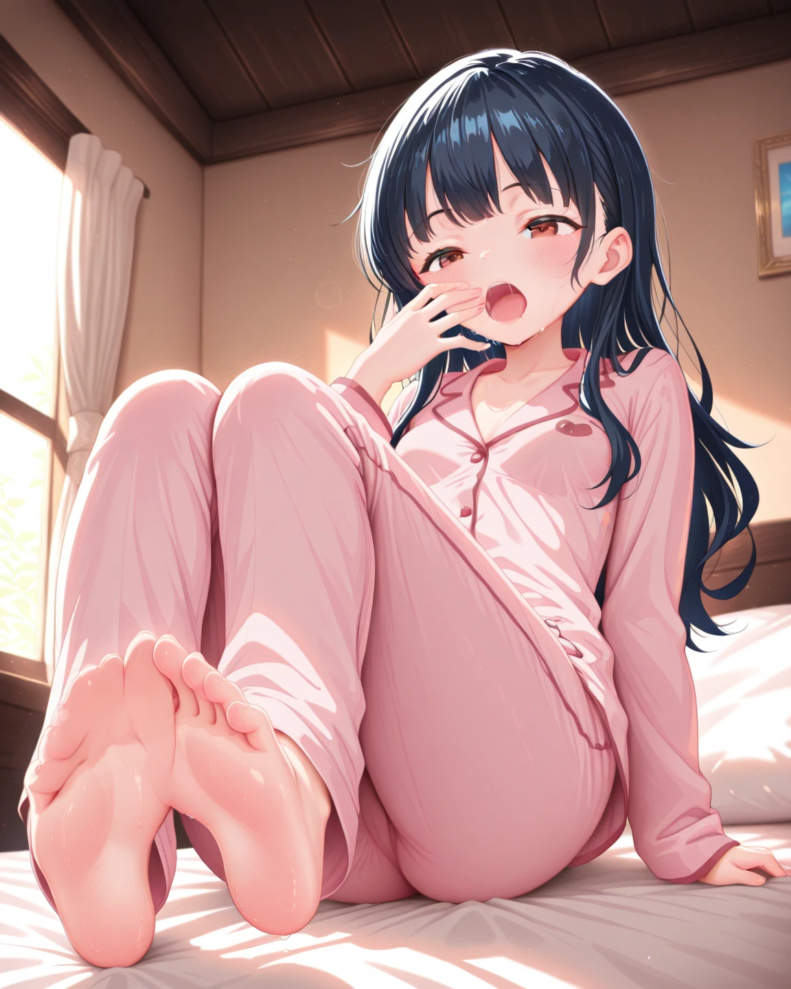 Cabello largo plateado, ojos verdes, petite, nurse, pink clothes, sonrisa, muslos hermosos, piernas abiertas, white underwear, inside house