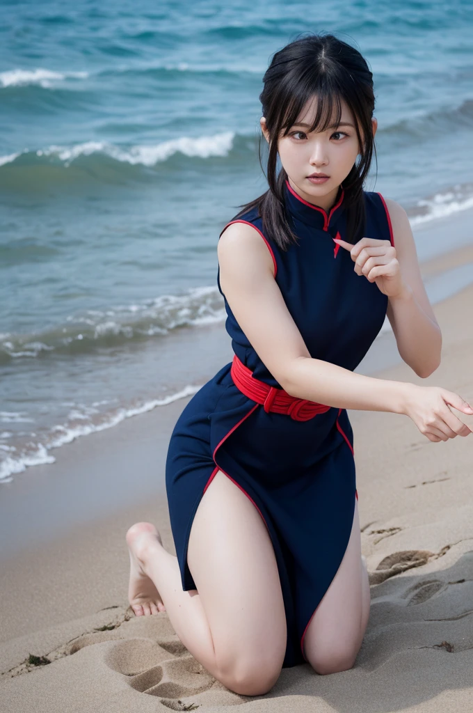 (((ChunLi：1.5、Chun-Li)))、Ultra-high resolution, (Photorealistic:1.4), Japanese, (Beautiful:1.1), (One Woman:1.5), (Age 35:1.3), (Photorealistic photos:1.2), in 8K, Neat bangs, Enlarge the background, (独奏:1.5),、Japanese actress、smile、A smile that seems to burst with joy、whole body、Thick thighs、Is doing a high kick,Beach