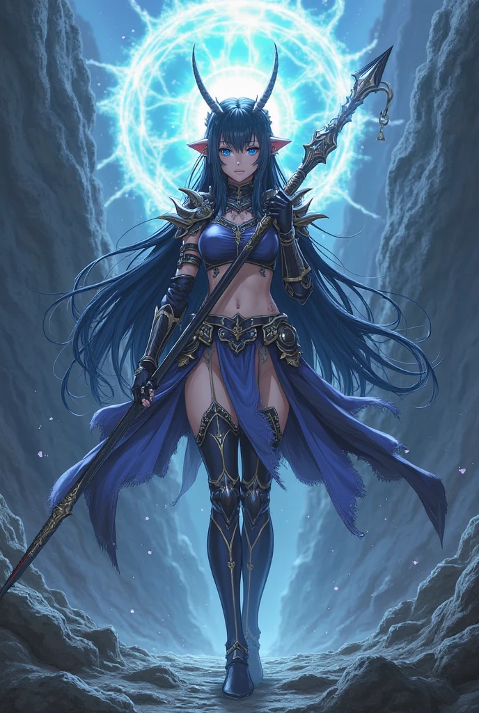 (1girl, blue hair absurdly long hair split ponytail, sparkle eyes, angry, clenched teeth) (digital) (standing), (Dark Purple Forest background), (Skirt)) , best quality, pointy ears, colored skin, blue skin, glowing, armor, navel, voidelf,