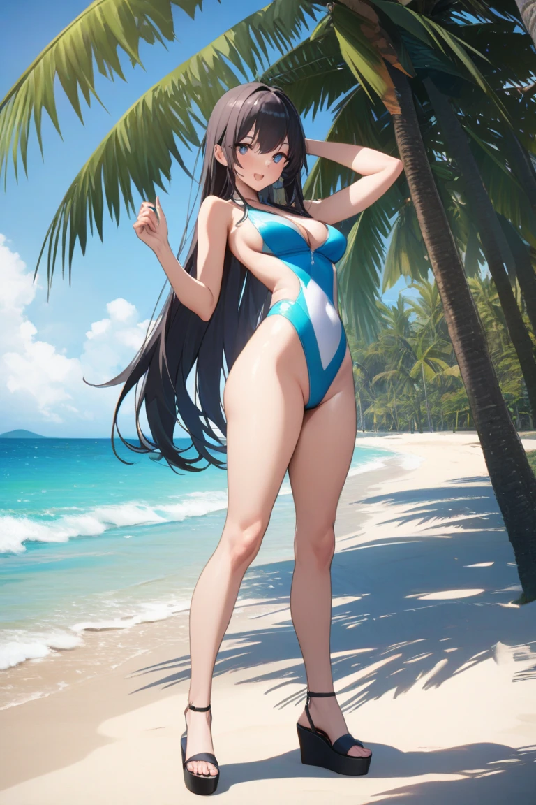 instagram star Xiaorou SeeU, dressed in swimsuit cosplay, is strolling and acting adorable by the beach, no nudity, safe for work, show all of her, full body shot, head to toe, highest detail, masterpiece, extreme quality