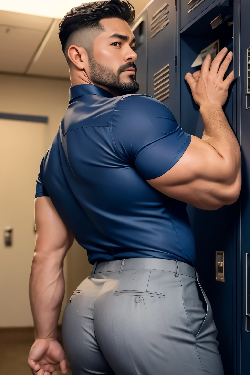 40-year-old boy Japanese muscular male in transparent navy blue formal shirt......... short haired, bearded, wearing light grey trouser ...........gooning seductive expression.................... dripping on body and pants...................., arching back............... looking back to the camera. [[ huge big unrealistic butt,]] muscular thigh......................close up on butt........low angle camera looking up at body........... in locker room........

