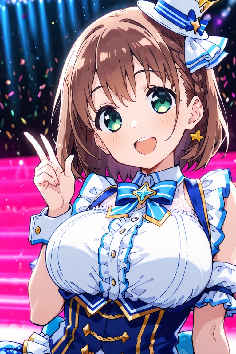 ai, short hair, brown hair, green eyes, braid, side braid, large breasts,,  ,idol costume フリル