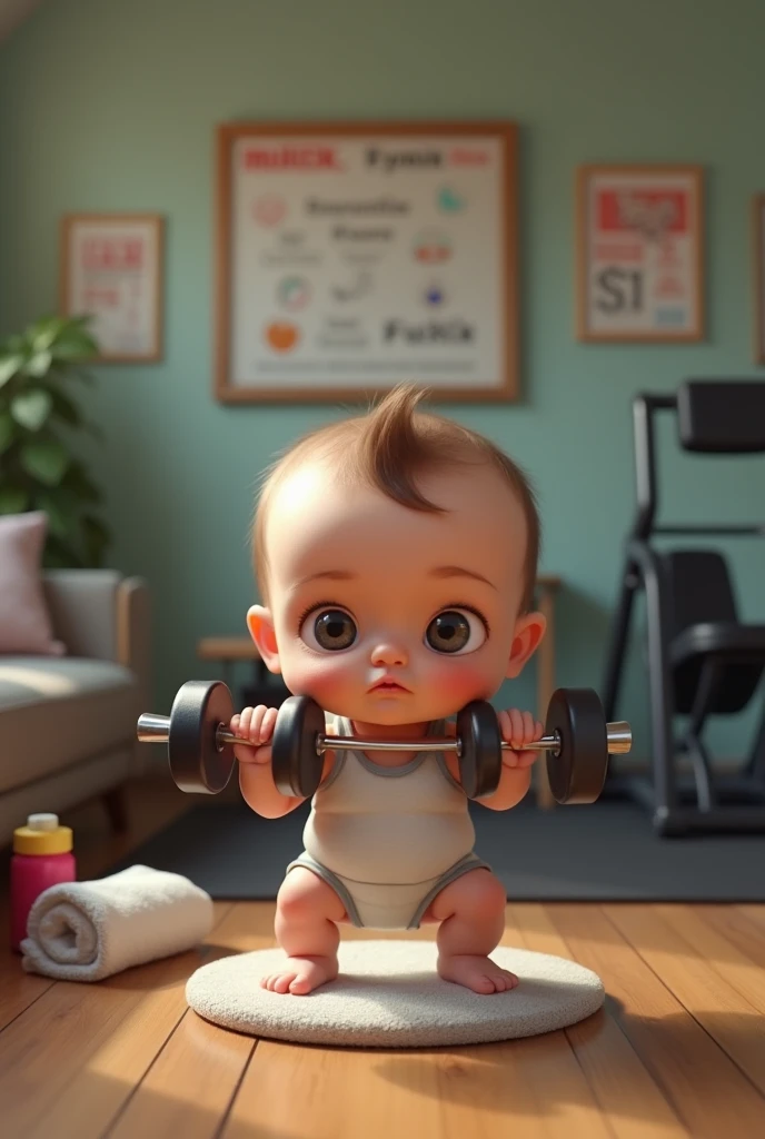 ダンベルを持ってポーズを決めているイケイケ赤ちゃん: "A hyper-realistic close-up of a baby wearing tiny, stylish sunglasses, holding a small, colorful dumbbell in each hand, striking a strongman pose. The baby is dressed in a mini workout outfit, giving off a cute yet determined vibe. The background is a brightly lit playroom with soft gym mats and toys, enhancing the playful and energetic mood."