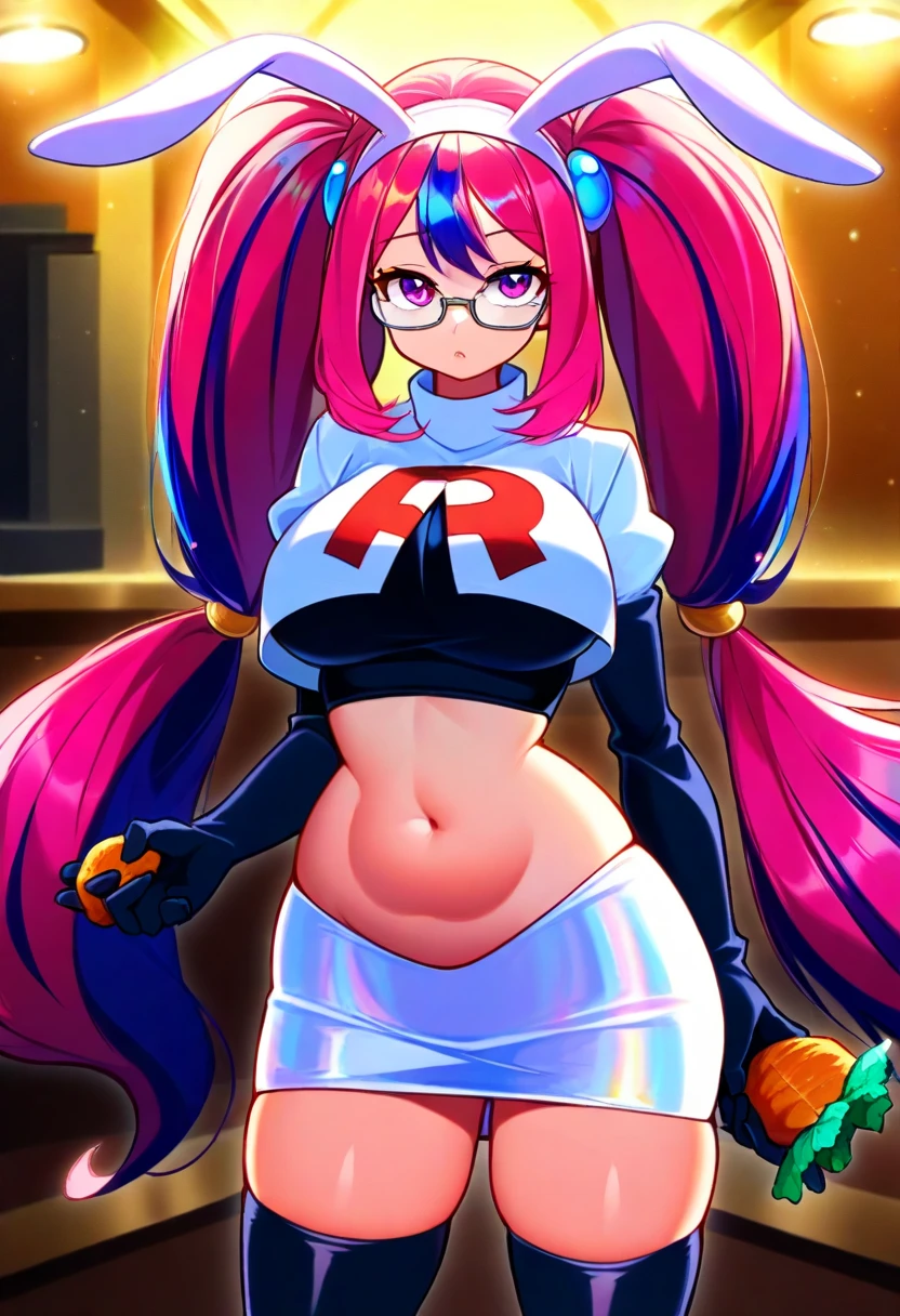 (best quality:1.2),(1 woman), PoppyLoLXL,yordle,big ears,full body view,((colored skin,light blue skin:1.4)), (team rocket uniform:1.4),detailed,(glasses),(thong underneath),blonde hair, twintails,detailed violet eyes,perfect manicure, big breasts, big ass,errected ,piercings, ((anatomically correct)), (slim muscular legs),slim waist, beautiful detailed eyes, beautiful detailed big lips, extremely detailed eyes and face, long eyelashes, ultra-detailed, at night, professional lighting,Mansion, in the study, luxurious and cozy feel,seductive, erotic, smart face expression