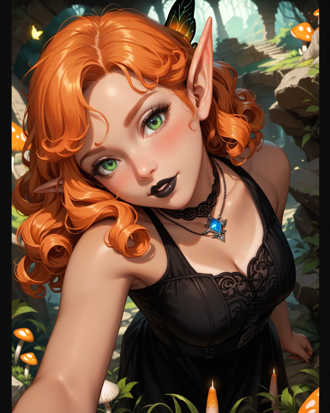 ((Best quality)), ((masterpiece)), (detailed: 1.3)
Beautiful woman, one girl, very detailed eyes, very detailed hair, very detailed clothes, very detailed face, 20 years old girl
((Red eyes)), ((glowing eyes)), ((black hair)), straight hair, medusa hairstyle)), ((elf ears)), heart earrings, piercing, tanned skin, ((black latex dress)), large breasts, cleavage, thick ass, choker, heart necklace, beautiful eyelashes, eyeliner, sultry eyes, juicy lips, soft blush, smooth skin, freckles, natural eyebrows.
Posing sexily, looking at viewer, in love with viewer, making a silly face, cinematic lights, bedroom, dimmed lights, showing only face and upper body, ((snakes in the background)).