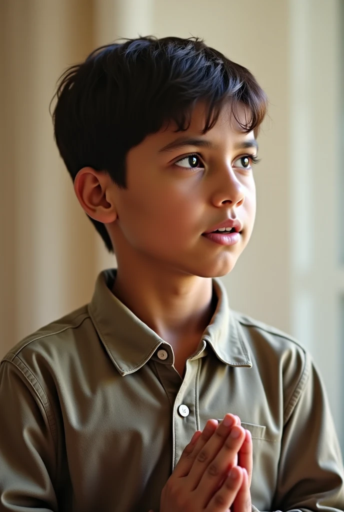 Crea una imagen inquietante que capture la esencia de la historia "Tobi: El Perro Imaginario". En la imagen, shows a 9 year old boy, Kique, de pie en la entrada de una casa suburbana, staring with a disturbing smile at a dark, menacing shadow looming over an empty plate. En el fondo, una madre aterrorizada observa desde una ventana, with eyes wide open and hands covering his mouth. Make sure the shadow is shaped to suggest a ghoulish giant dog, pero de una manera sutil y aterradora, con ojos rojos brillantes que destaquen en la oscuridad. The atmosphere should be nocturnal and gloomy, with soft lights that add to the suspense and mystery of the scene.