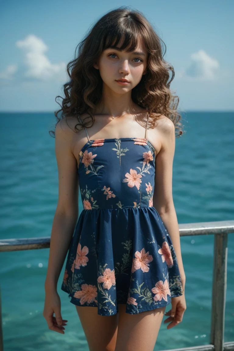 tvMona_Blue_v1, standing, on a beach, (((wearing a floral print sundress))), full body shot, holding a flower, flirting with the camera, ((Photo Focus, DOF, Aperture, insanely detailed character, hypermaximalist, hyper realistic, )), ((golden hour))