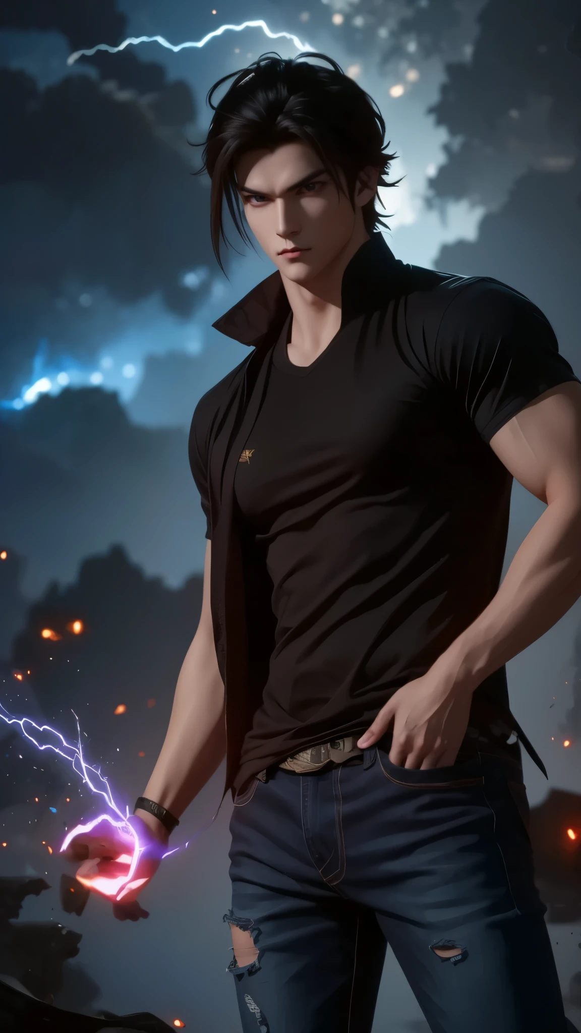 Create an ultra-detailed digital artwork of Sung Jin Woo from "Solo Leveling" in his casual outfit. He is wearing a simple black t-shirt and dark fitted jeans, standing confidently with hands in his pockets. His eyes glow with a faint violet light, and dark shadowy energy swirls subtly around him. Behind him, a massive shadow army looms—figures like Beru, Igris, and Tusk—shrouded in mist and darkness, with glowing blue and purple eyes. The background is an ominous battlefield with dark clouds and crackling purple lightning in the sky, adding a dramatic and powerful atmosphere. Shadows rise from the ground, blending seamlessly into his silhouette. The art style is dark fantasy, hyper-realistic anime, with dynamic lighting and strong contrast. Perfect for a desktop or mobile wallpaper in ultra HD resolution.