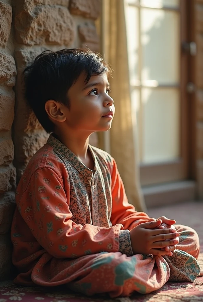 A child saying a prayer on his knees on the edge of the bed