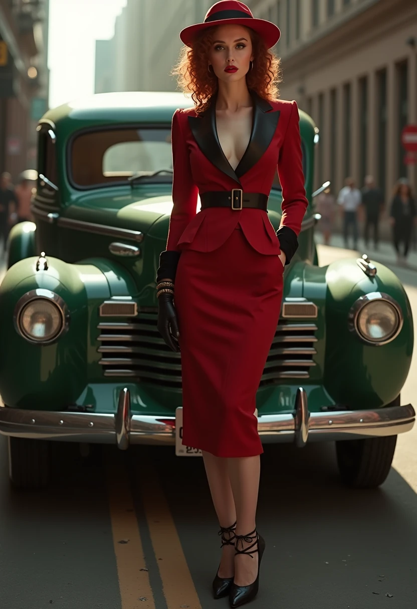 masterpiece, Pale skin, Red lips, Light eyes, Eyeshadow, Front view shot of a beautiful brunette woman,medium curly hair,Standing on the street,Holding a Thompson M1928A1 drum, Behind her is a 1928 Cadillac Town Sedan,Green on the left, She's wearing a red and black mafia suit, The skirt and jacket were draped over her shoulders,Like the Mafia, Garter belt and high heels, Very detailed body, Detailed cars and clothes, Chiaroscuro, Natural daylight, Very detailed, She and the car focus on the image