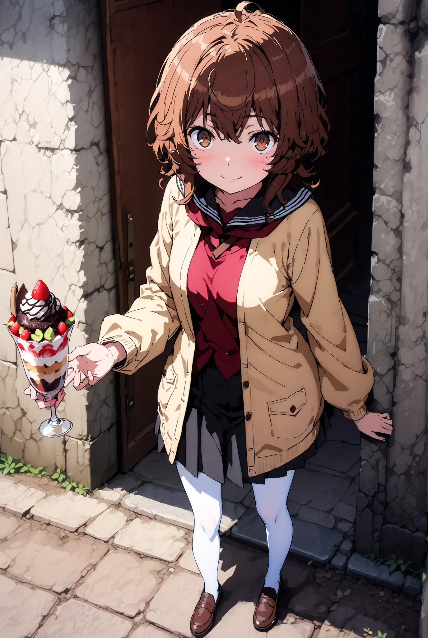 Liliru Card, Lilylka Alde, brown eyes, black cock, smile,cover,opens her mouth,short hair,Black sailor suit,red 弓tie, yellow cardigan , black mini pleated skirt ,white pantyhose as if it were in the illustration,loafers,Holding a chocolate parfait with one hand,is walking,Beautiful Scenery,noon,full bodyかイラストに入るように,break outdoors, residential area,
break looking at viewer,full body,
break (masterpiece:1.2),best quality , kampala, Unity 8K Wallpaper ,(shape:0.8),( fine, beautiful eyes :1.6),It's a person ,full body写真,CG Details , (perfect hands,complete anatomy),