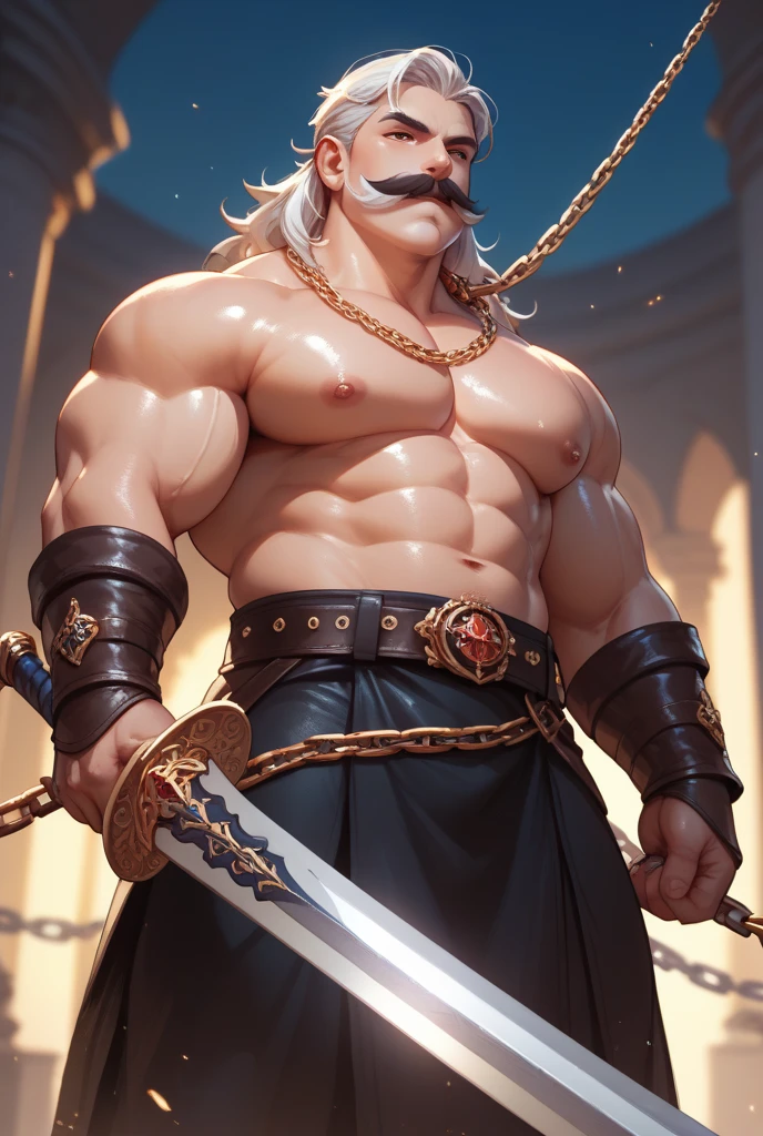 (extremely detailed CG unity 8k wallpaper, masterpiece, best quality, ultra-detailed), best lighting, best shadow (very strong, giant, muscular God Poseidon wearing battle armor), fierce, wild expression, wearing a blue thong, wearing battle armor, latex, sitting at the edge of a pool, legs open, topical paradise, gushing water, volumetric lighting, big bulging crotch, full body visible, old warrior, detailed face, warm smile, battle scars, glowing eyes,