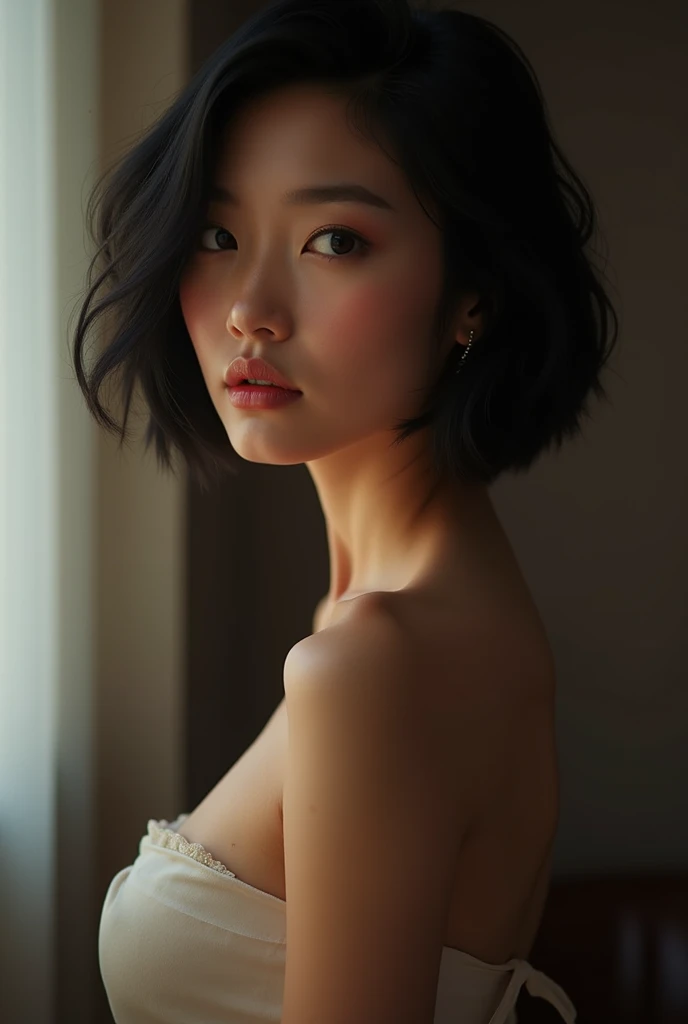 sensual woman, lingerie, close-up of an Asian woman, short hair, witches' forest, natural skin texture, 24mm, 4k textures, soft cinematic light, RAW photo, photorealism, photorealistic, complex, elegant, highly detailed, sharp focus , (( ((cinematic look)))), muted tones, insane details, intricate details, hyper-detailed, low contrast, soft cinematic light, dark colors, exposure blending, HDR, faded