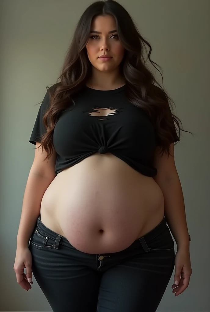 absurdres, RAW photo, extremely delicate and beautiful, masterpiece, Best Quality, ultra high resolution, 32k, hyperrealistic, ultra-detailed, perfect anatomy, perfect figure, super Detailed skin, Very detailed CG 8k wallpaper, pregnant body, narrow waist, very small head, very small face, delicate facial features, tearful mole, earring, thin legs, (perfect breasts:1.3), (full body shot:1.1), (solo:1.2), long hair, (wavy hair:1.2), (hard nipple: 1.3), wet clothes, (fit Clothes:1.3),