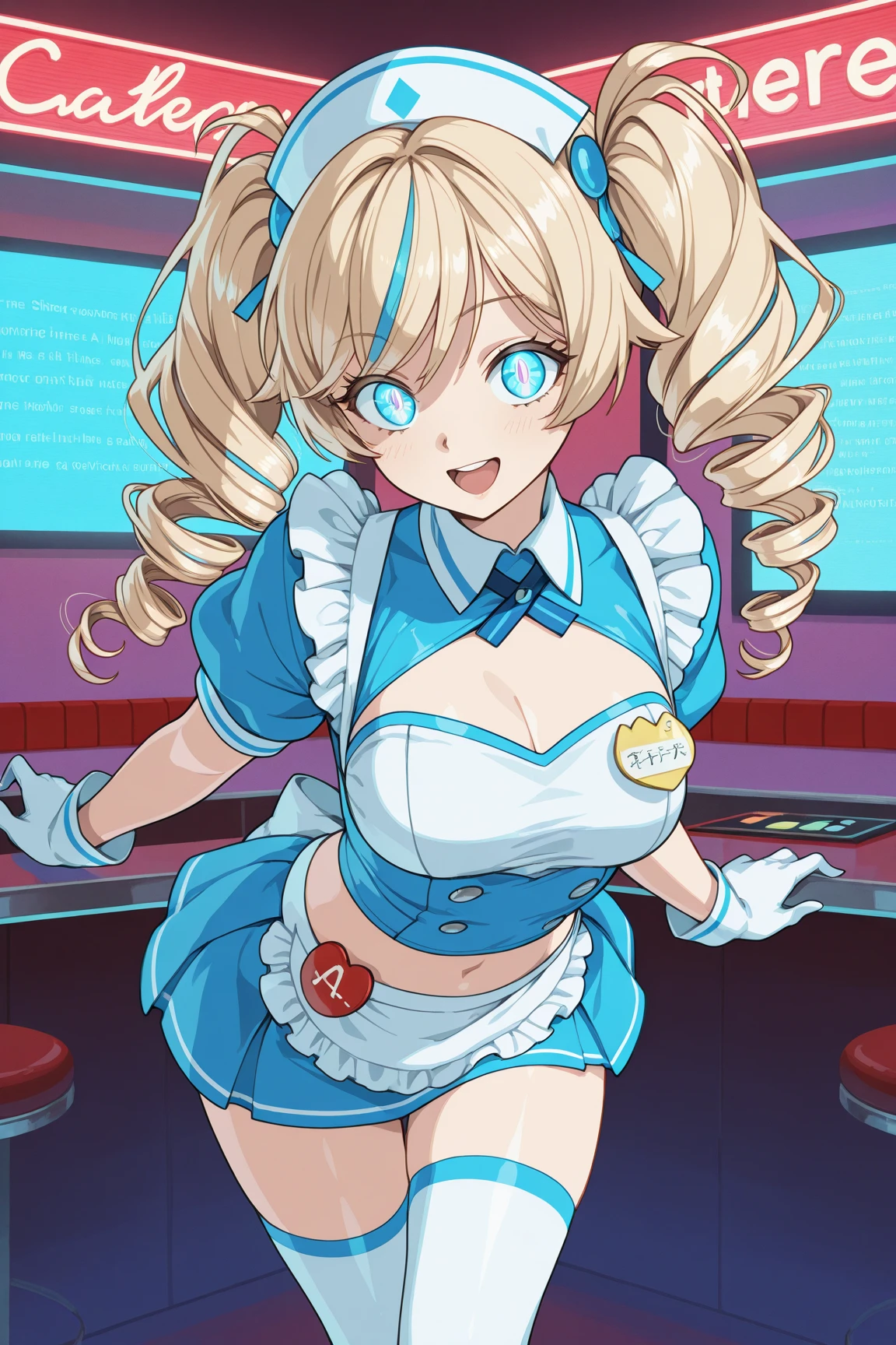 a beautiful 20 year old blonde woman with big messy hair, pigtails, in a short plaid skirt, white stockings, transparent white dress shirt tied up in a knot, cleavage, navel, classroom setting, rossdraws cartoon vibrant, cute detailed digital art, colorfull digital fantasy art, digital fantasy art ), glossy digital painting, rossdraws pastel vibrant, rossdraws 2. 5, rossdraws 1. 0