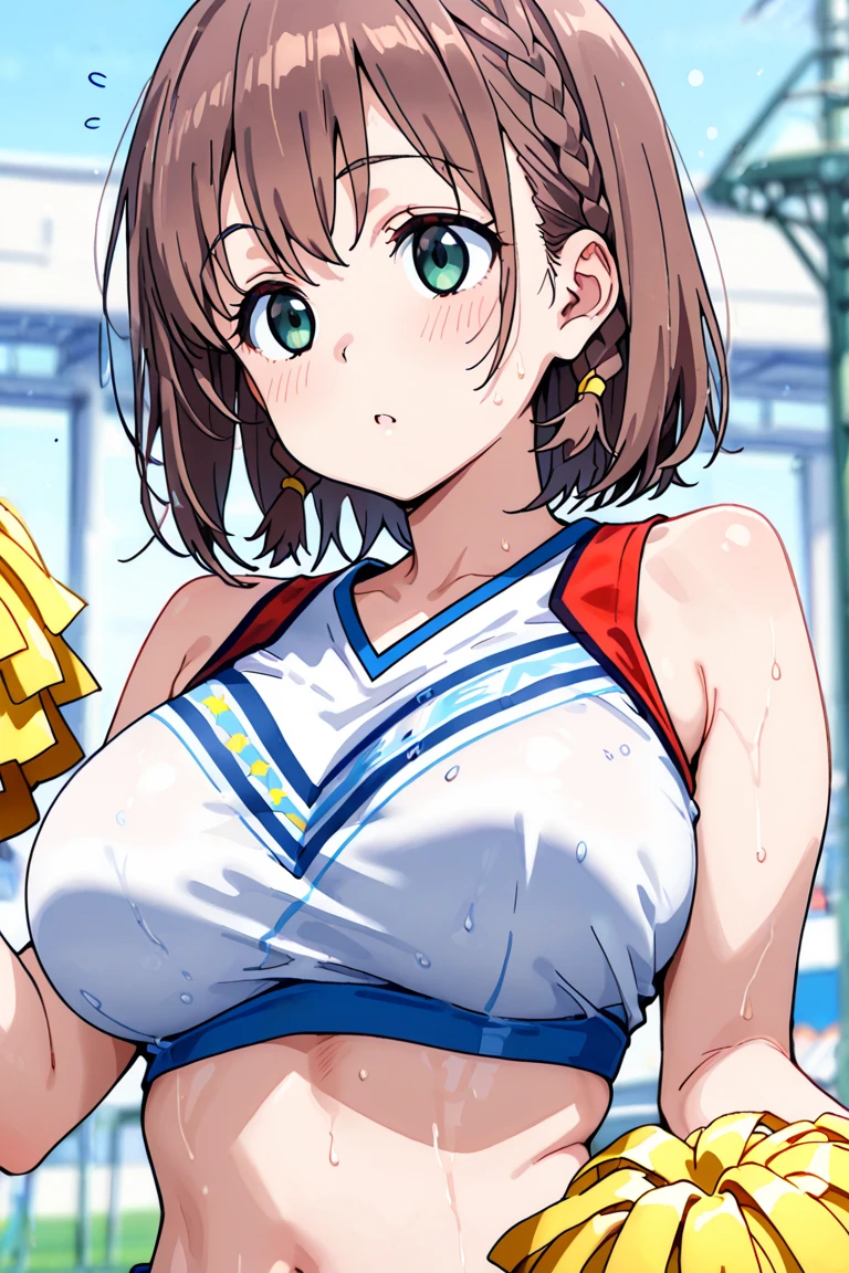 (1 person),(Best image quality, 8k, masterpiece:1.3),((Brown hair bob cut:1.1)),(Swept-apart bangs,), (Cute eyes, Dark Eyes), (Mole under right eye), (thin), (Large Breasts),(Glowing Skin:1.1),(Pale skin:1.2),(A fantastic atmosphere),(look up),Ultra-high resolution, Textured skin, Sparkle Effect, Gazing at the audience,Fantastic black lace panties,Cheerleader,Braid, ribbon, Wet body,Sweat,
Cheer uniform,mini skirt,pom-pom,Dancing,Confetti,Outdoor,Stadium,Underarm、Raise your hand,belly button,Low - Angle,smile, Cleavage,