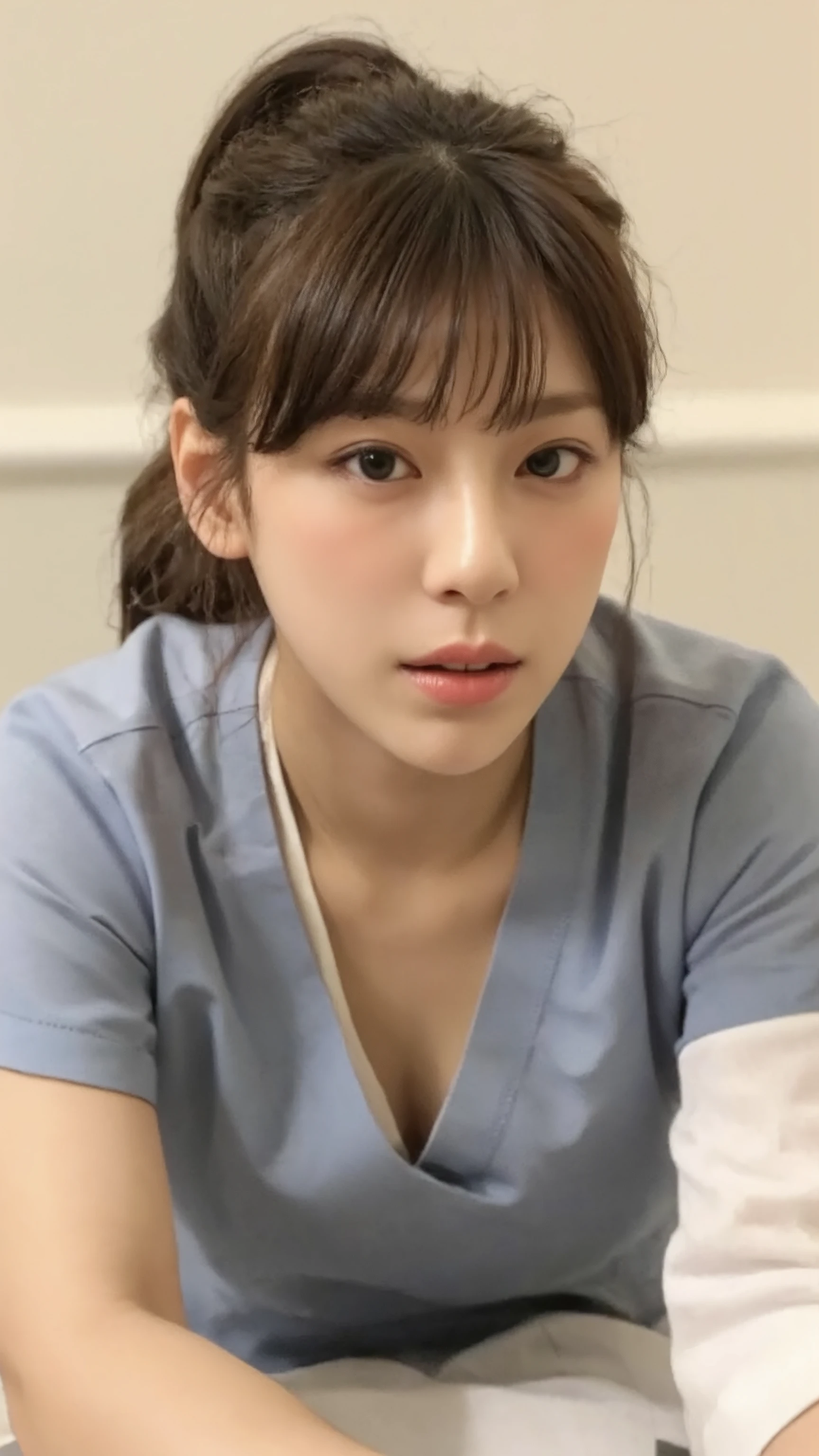 Photo-realistic image of a Japanese hospital examination room. A female nurse with a short ponytail, dressed in medical scrubs, is leaning forward with a concerned expression, looking directly at the viewer. From the front angle, her chest and bra are partially visible due to her posture. The room is empty and enveloped in silence, creating a calm yet tense atmosphere、full body