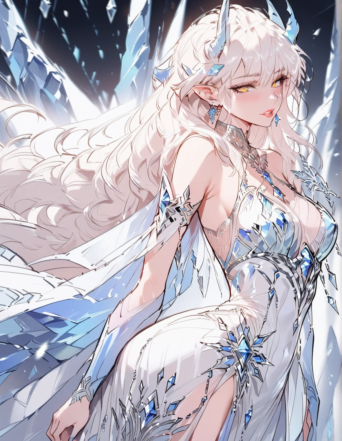 She is the ice goddess,Silver Hair,Ice blue eyes,Like the Northern Lights,Flashing in the cold;Her skin was as white as snow,With an icy sheen。Her figure is slender,grace,Like the flow of a glacier;Her breath carries the passion of the volcano and the coldness of the north wind.,Sometimes cold,Sometimes hot。She wore a robe woven from ice and snow,Twinkle like stars。
