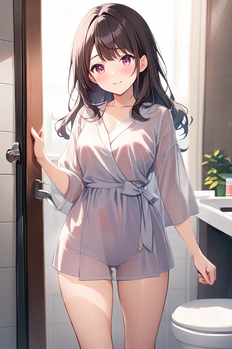 highest quality、Best image quality、Beautiful Eyes、Very delicate and beautiful、Beautiful Eyes、Pink Eyes、I、I、11 year old girl、Japanese、、Chiquita、Noble、Primary school students、Black Hair、barefoot、(judo)、(((The bottom half is a pink leotard.)))、(High leg)、Tiara on head、A dull smile、Standing and facing forward、The background is the changing room
