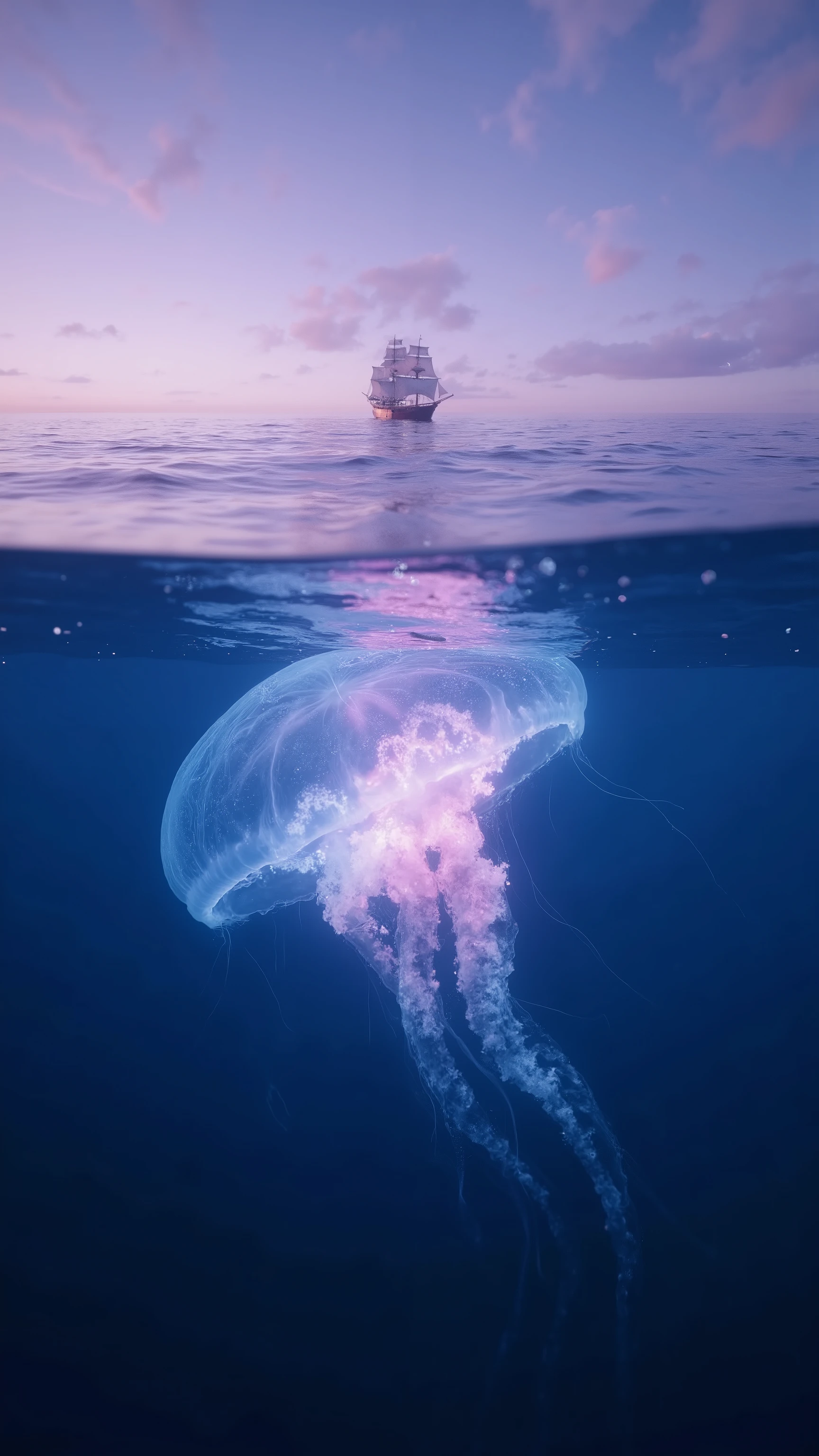  vertical symmetrical composition, razor-sharp ocean horizon split::2, mirror-like sea surface extending to frame edges, [macro close-up::3] giant translucent bioluminescent jellyfish with 3m long glowing tentacles, Nikon 200mm f/4 macro lens, water droplets refracting prismatic light, [floating matte red sailboat::1.5] above horizon at 0% -30%, subsurface scattering emerald glow inside jellyfish, contrast between pale lavender sky and abyssal blue ocean, Dutch golden age oil painting ship style, cinematic negative space, surreal unreal engine 5 rendering --ar 9:16 --v 6.0 --chaos 55 --s 750 --q 1