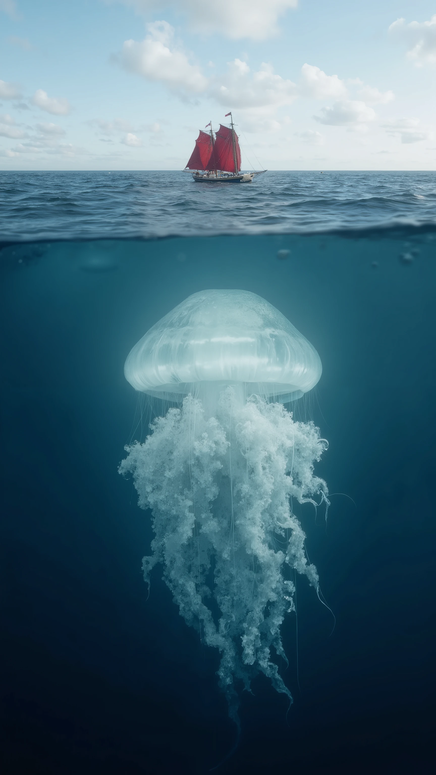lens at the top and bottom of the screen and focuses horizontally on the giant deep-sea jellyfish in seawater Jellyfish at sea level The jellyfish takes up half of the 70% a small red sailboat at sea level Right above the jellyfish