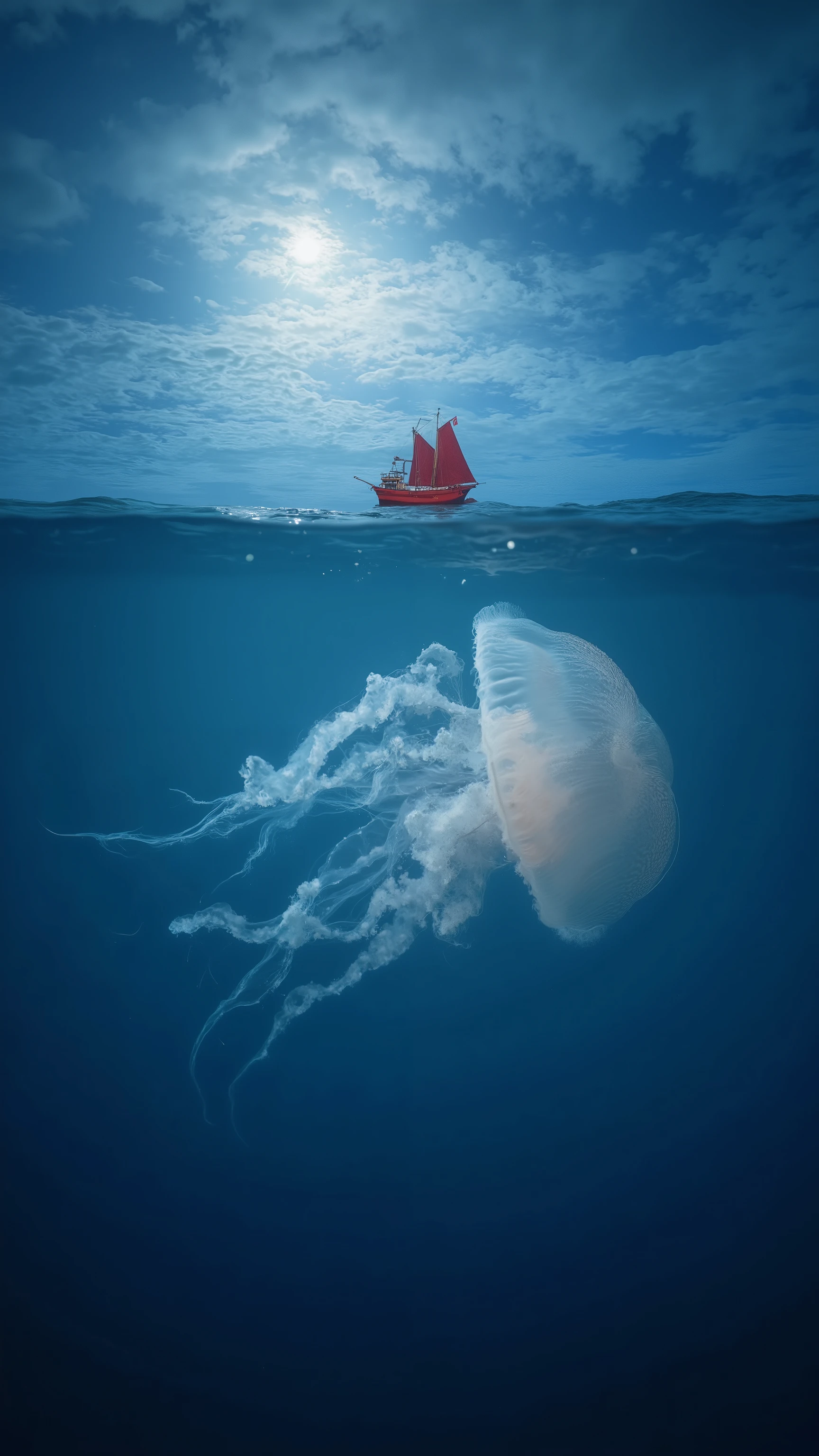 lens at the top and bottom of the screen and focuses horizontally on the giant deep-sea jellyfish in seawater Jellyfish at sea level The jellyfish takes up half of the 70% a small red sailboat at sea level Right above the jellyfish