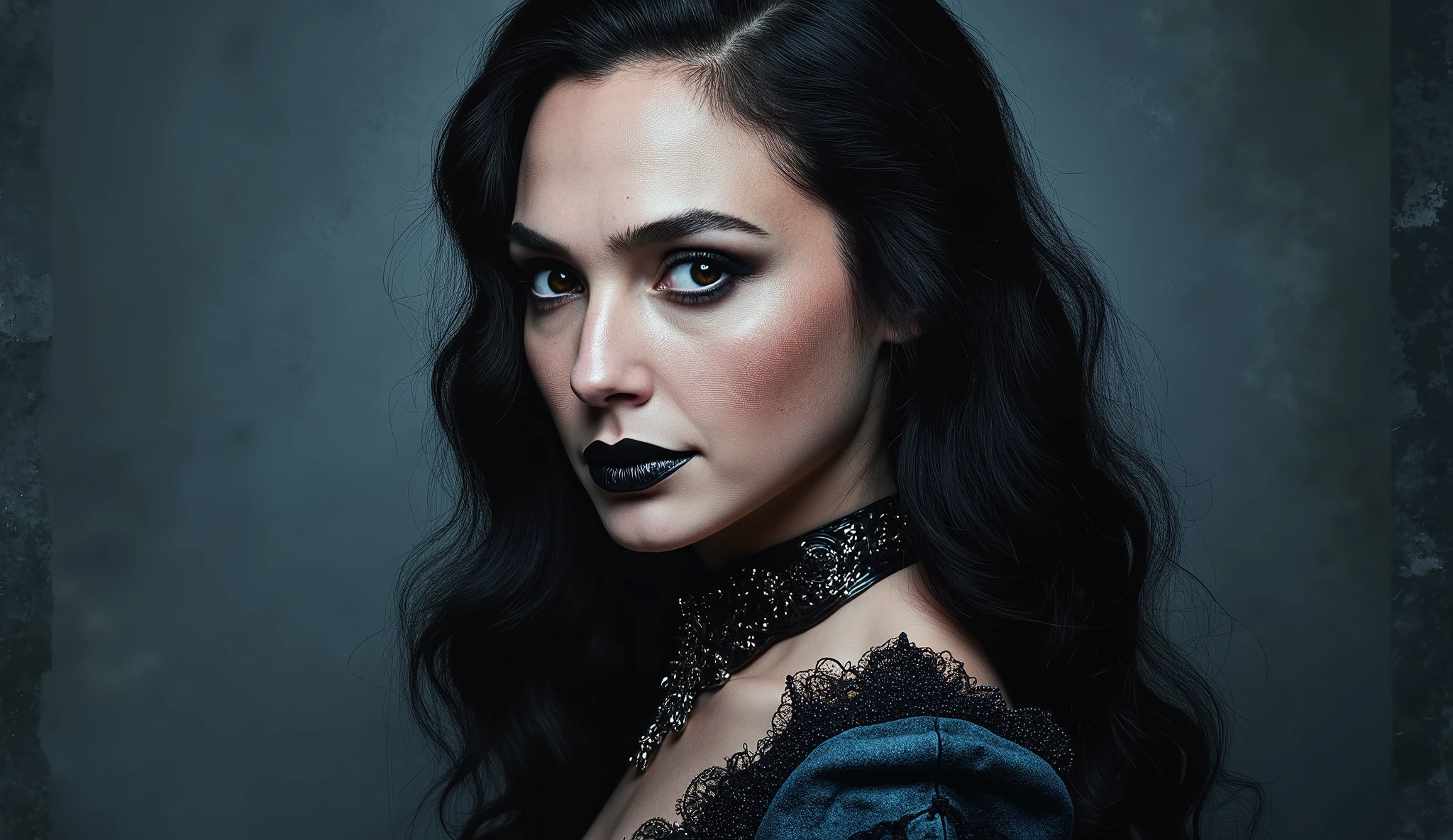 An extremely detailed an enigmatic young woman in her late s portrayed by a young Dominique Ruiz with pale skin black hair and amber eyes wearing a Victorian era gown and corset and gothic makeup with a look on her face that is somewhere between inviting and alluring and sinister and mischievous . She has pale skin, striking amber eyes accentuated by dark gothic makeup, and full lips colored in a muted black shade. Her black hair flows down her back in voluminous waves, styled in a slightly tousled manner that adds dynamism to the portrait. An ornate black leather choker adorns her neck, adding elegance to her attire. The lighting is soft and diffused, casting subtle shadows and highlights that emphasize her facial features and the texture of her clothing while maintaining a somber mood. The background consists of dark, textured brushstrokes in shades of midnight blue and charcoal gray, which enhance the overall mysterious atmosphere without drawing attention away from the subject. The color palette includes deep blacks, pale porcelain whites, and accents of midnight blue, contributing to the dark fantasy aesthetic. The composition centers on the character's intense gaze, creating a captivating portrait with an alluring and sinister expression. Standing in a dynamic action pose. Trending on Art Station.