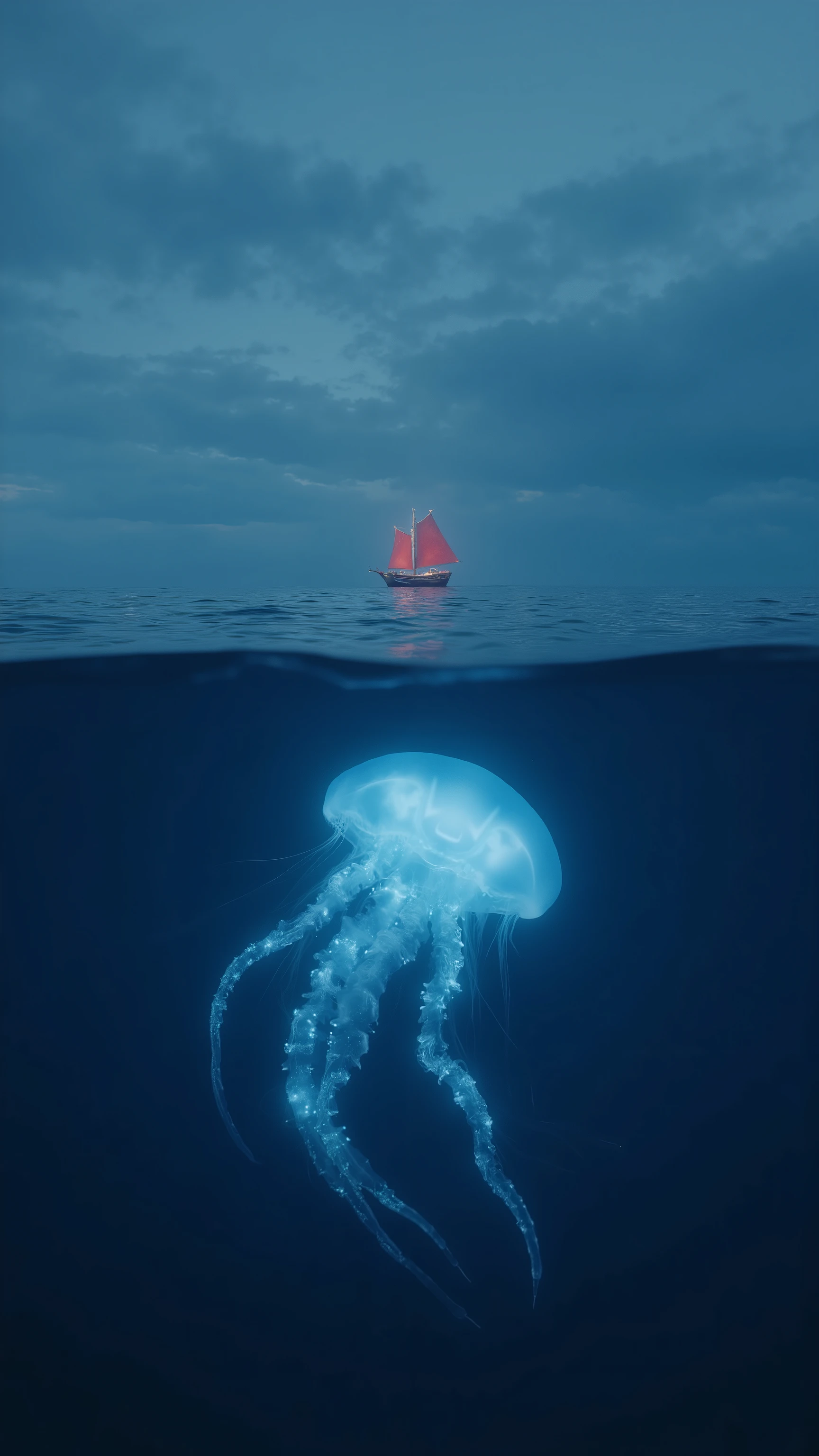 vertical symmetrical composition, razor-sharp ocean horizon split::2， sea surface extending to frame edges, giant translucent bioluminescent jellyfish with 3m long glowing tentacles,　[floating matte red sailboat::1.5] above horizon at 0% -30%,　cinematic negative space, surreal unreal engine 5 rendering --ar 9:16 --v 6.0 --chaos 55 --s 750 --q 1