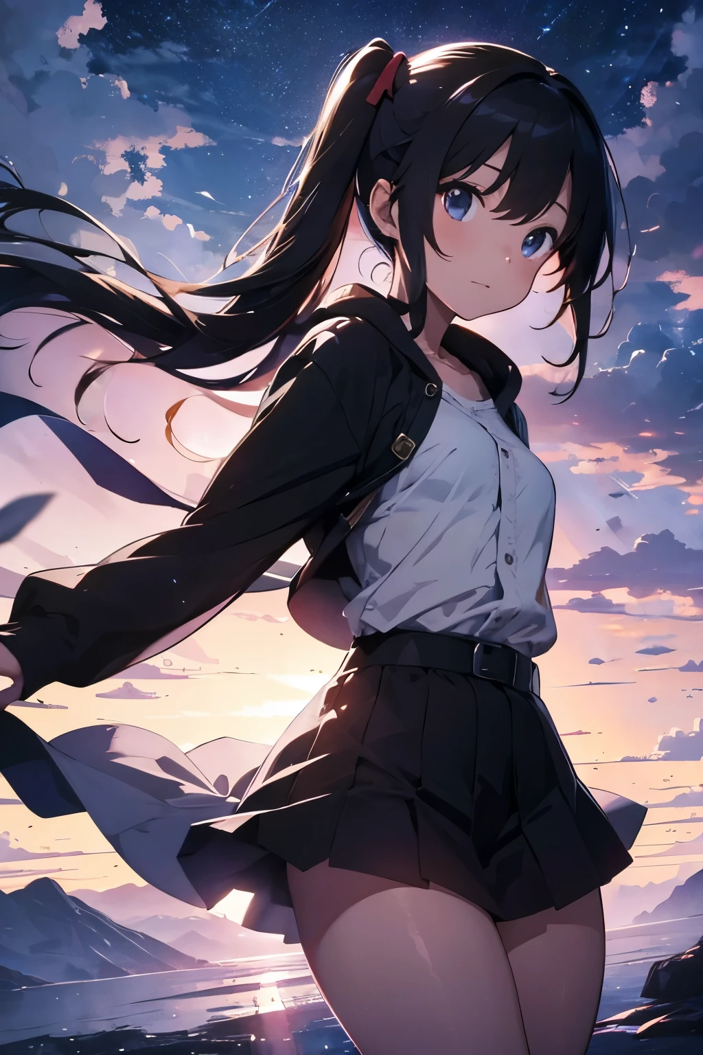 blue sky、shot from below、(backwards:1.5)、Low - Angle、A girl standing with her butt sticking out、hip focus、Panty shot、master piece, highest quality, High resolution, masterpiece、 cowboy shot、School、Schoolの中庭、Angle looking up at the sky、Shooting from the floor、astride the cameraman、(1 girl),(beautiful eyes、drawn in detail、face to detail、masterpieceサイドライト、masterpiece、highest quality、detailed、High resolutionのイラスト),delicate makeup, (Close-up:1.2)、throw、soft focus、background bokeh、 break(Highest quality illustration:1.2),(1 girl),(beautiful eyes、drawn in detail、face to detail、masterpieceサイドライト、masterpiece、highest quality、detailed、High resolutionのイラスト)、black eye,Semi-long hair with short bangs,black haired、Hair color is a blue-gray gradient,break(highest quality、超detailedな、非常にdetailedで美しい、Super high resolution、腕のdetailed:1.2)、break(highest quality、超detailedな、非常にdetailedで美しい、Super high resolution、腕のdetailed:1.2),, break , Dark blue duffel coat、skirt,high school uniform、black sailor suit、 long sleeve,warm long coat、 黒skirt,black pantyhose,black panties, beautiful breasts, perfect body、break is very detailed, Complex, table top, absurd、 ((smooth texture:0.75, realistic texture:0.5, Anime CG style)),near sky、