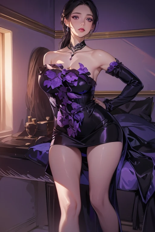 (masterpiece, best quality), nice figure, big breasts, fashionable, evening dress, standing pose, nightclub, dynamic lighting, elaborate details