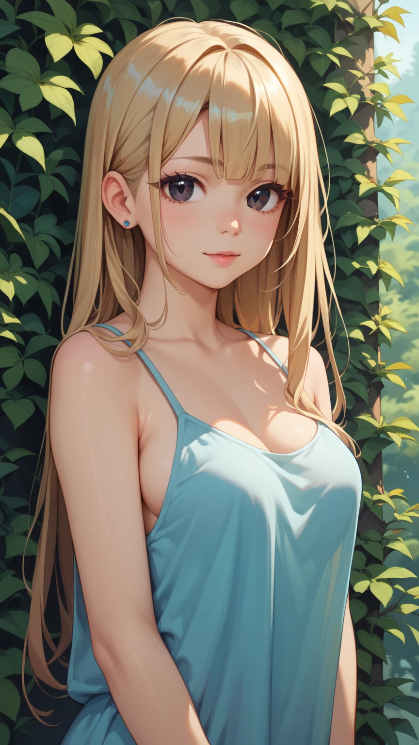 "High quality, 20-year-old Japanese woman with blonde straight hair, gently blowing in the wind. Slightly anime-style. Arms crossed in front of her chest, leaning forward to accentuate her ample bust.Wearing only a very sheer light blue latex leotard.Nipples accentuated(2.0). Vagina accentuated(3.0). Legs crossed. Alluring expression, looking directly at the camera. Full makeup. Viewed from approximately 3 meters away at a 30-degree angle from the upper left. Light green background with soft lighting from the front. Drawn from the thighs up to the head."