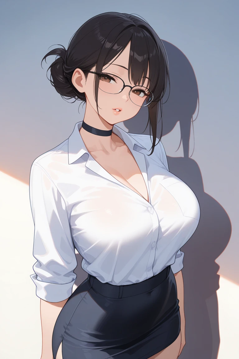 ((super high quality,Ultra-high resolution,16K,super masterpiece,Ultra HD ,Detailed shading)),3sexy mother of a person,Cleavage,(popped Tight collar White shirts,Long sleeve,Black Pencil Skirt),Glasses,