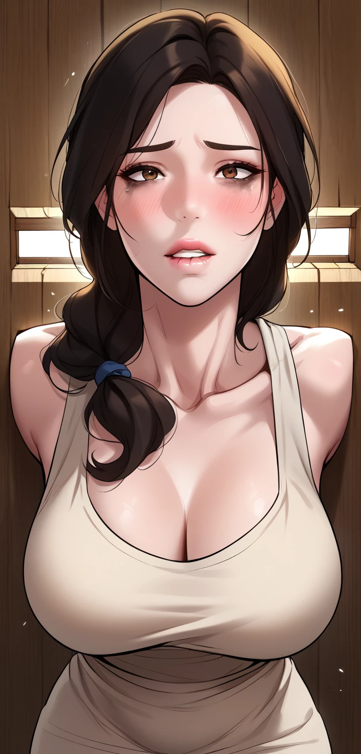 (masterpiece:1.4)、(highest quality:1.4)、ultra high resolution、beautiful features、30 year old woman、mature female, milf, mother, brown hair、Sports Bra、sportswear、(huge breasts:1.3)、red face、serious expression、locker room