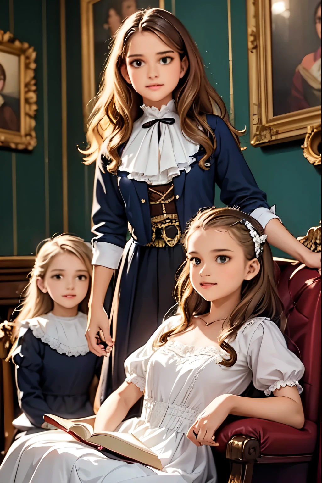 A warm, golden light illuminates a cozy parlour setting in the Victorian era. Three normal young girls, dressed in frilly, high-necked gowns and puffed sleeves, sit together on a plush armchair. The eldest, with curly brown locks, holds a worn leather-bound book, while her companions, sporting matching blonde ringlets, gaze up at her with admiration. The backdrop is a rich, dark wood paneling, adorned with ornate mirrors and intricately carved furniture. Soft, gentle shadows dance across the scene as the girls' laughter and whispers fill the air.