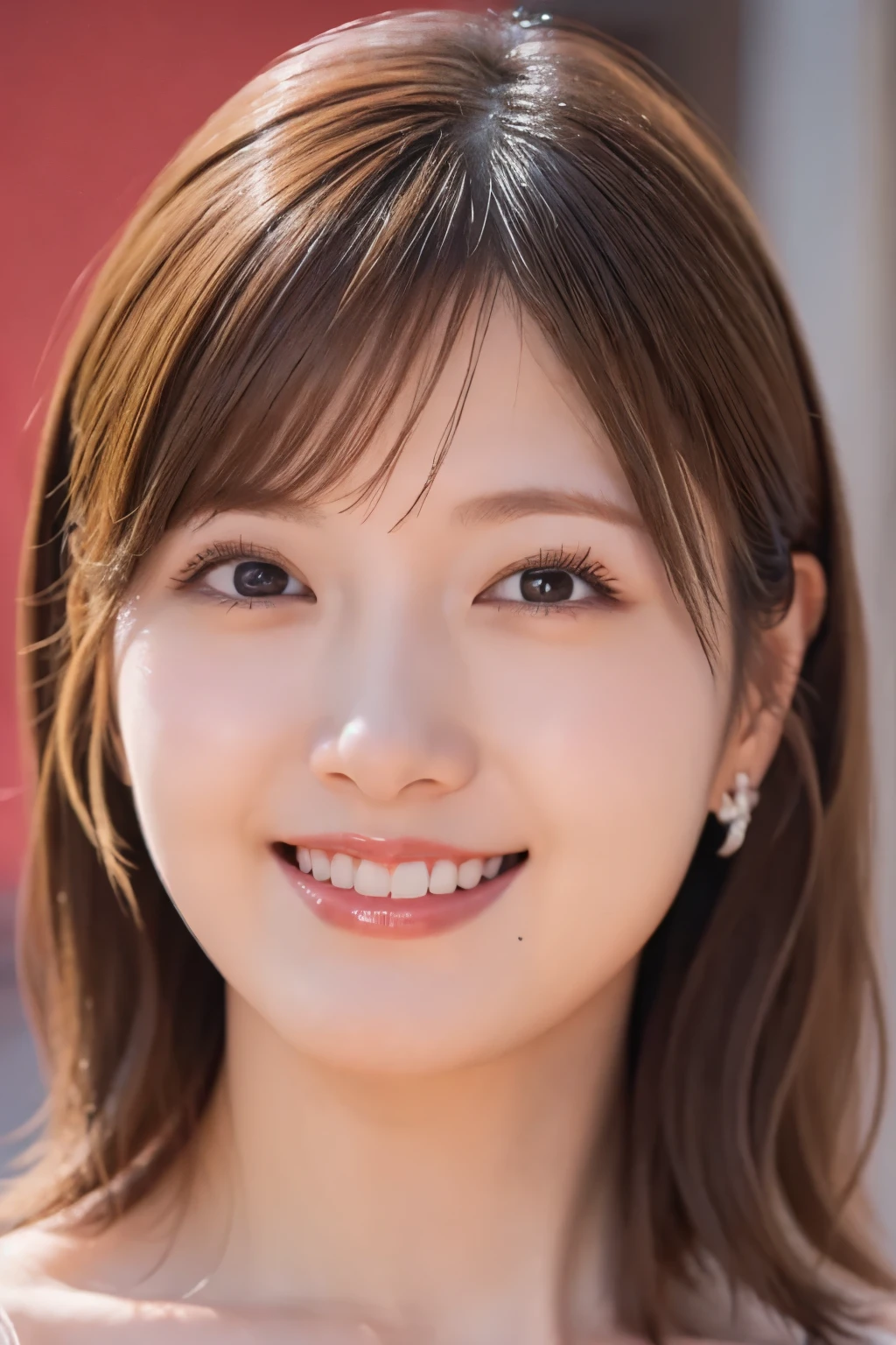 best quality, ultra detailed, detailed, masterpiece, woman, happy, evil smiling, looking ahead, semi long, black hair, brown hair, headshot