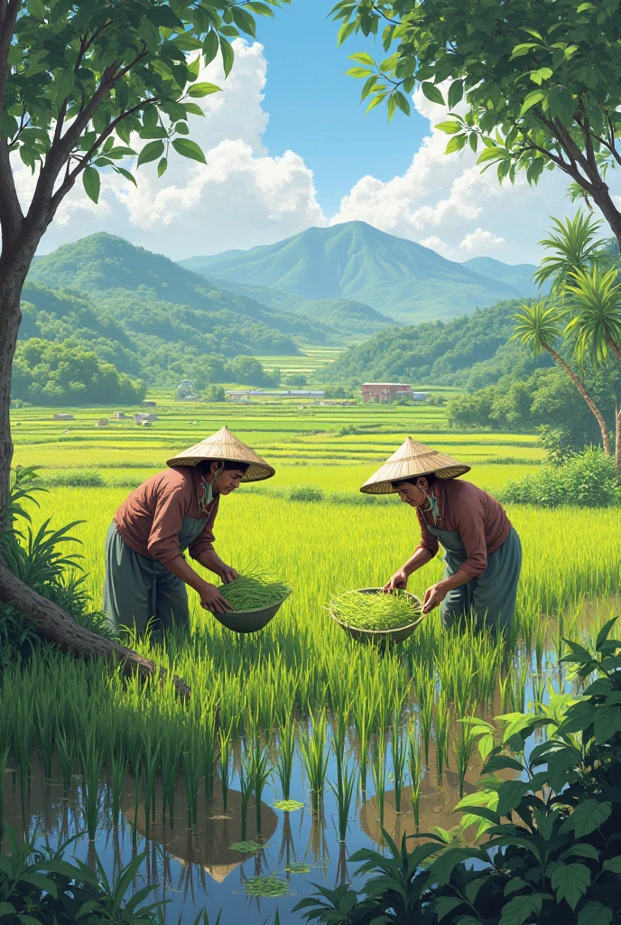 Farmers ploughing rice fields
