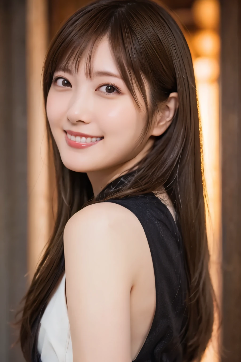 best quality, ultra detailed, detailed, masterpiece, woman, happy, evil smiling, looking ahead, semi long, black hair, brown hair, headshot