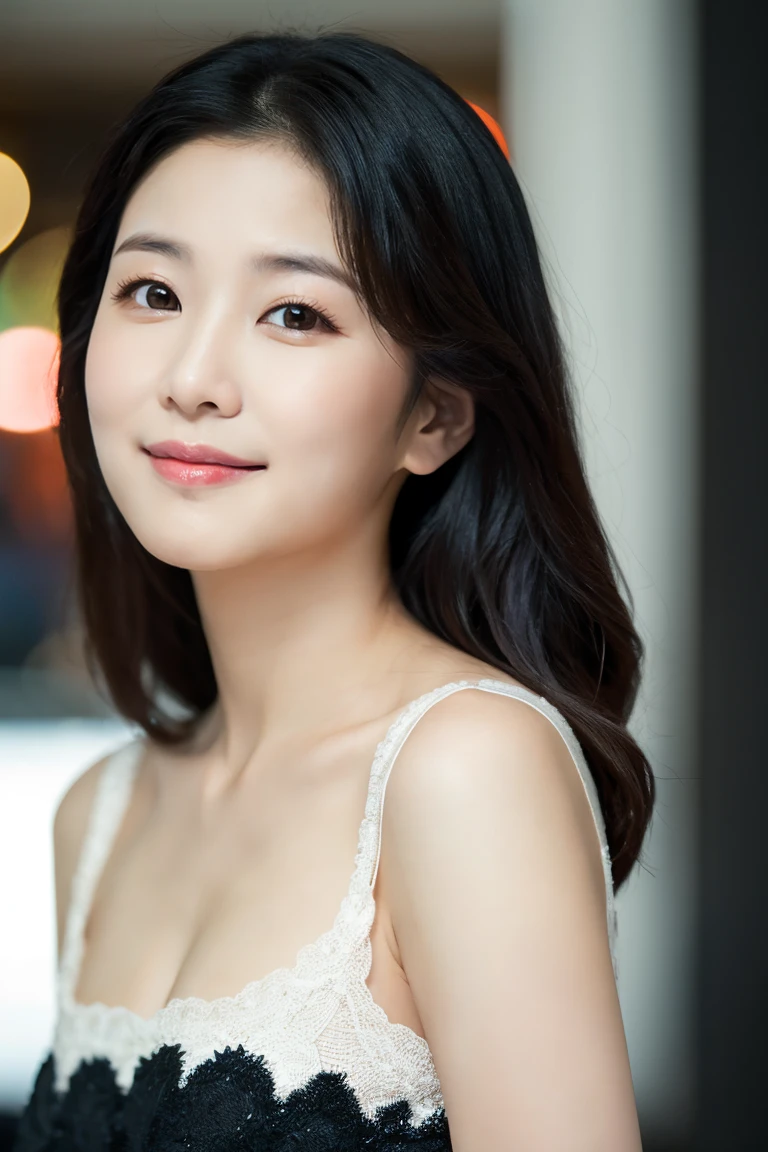 best quality, masterpiece, ultra high resolution, (lifelike:1.5), original photo, 1 girl nude, (nude), Off the shoulders, in the darkness, deep shadow, low profile, cold light, sexy look, short hair, big breasts, full-body shot, charming smile
